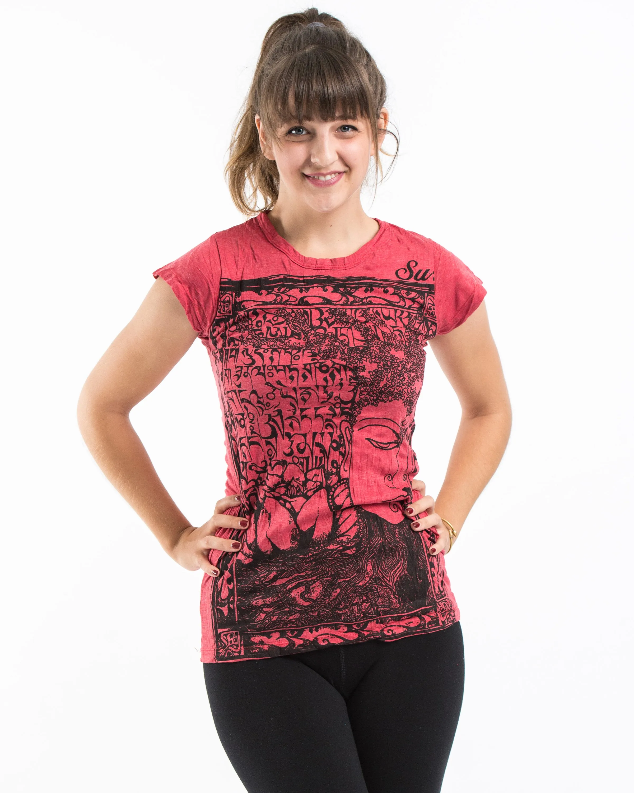 Womens Sanskrit Buddha T-Shirt in Red