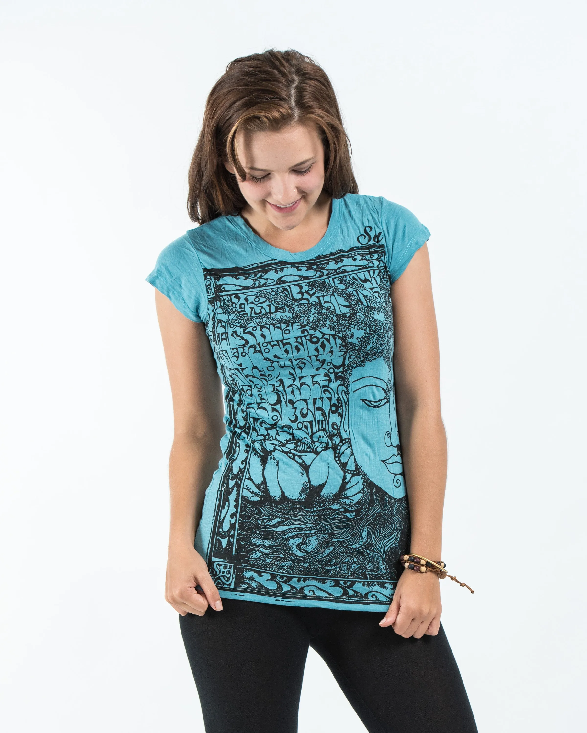 Womens Sanskrit Buddha T-Shirt in Turquoise