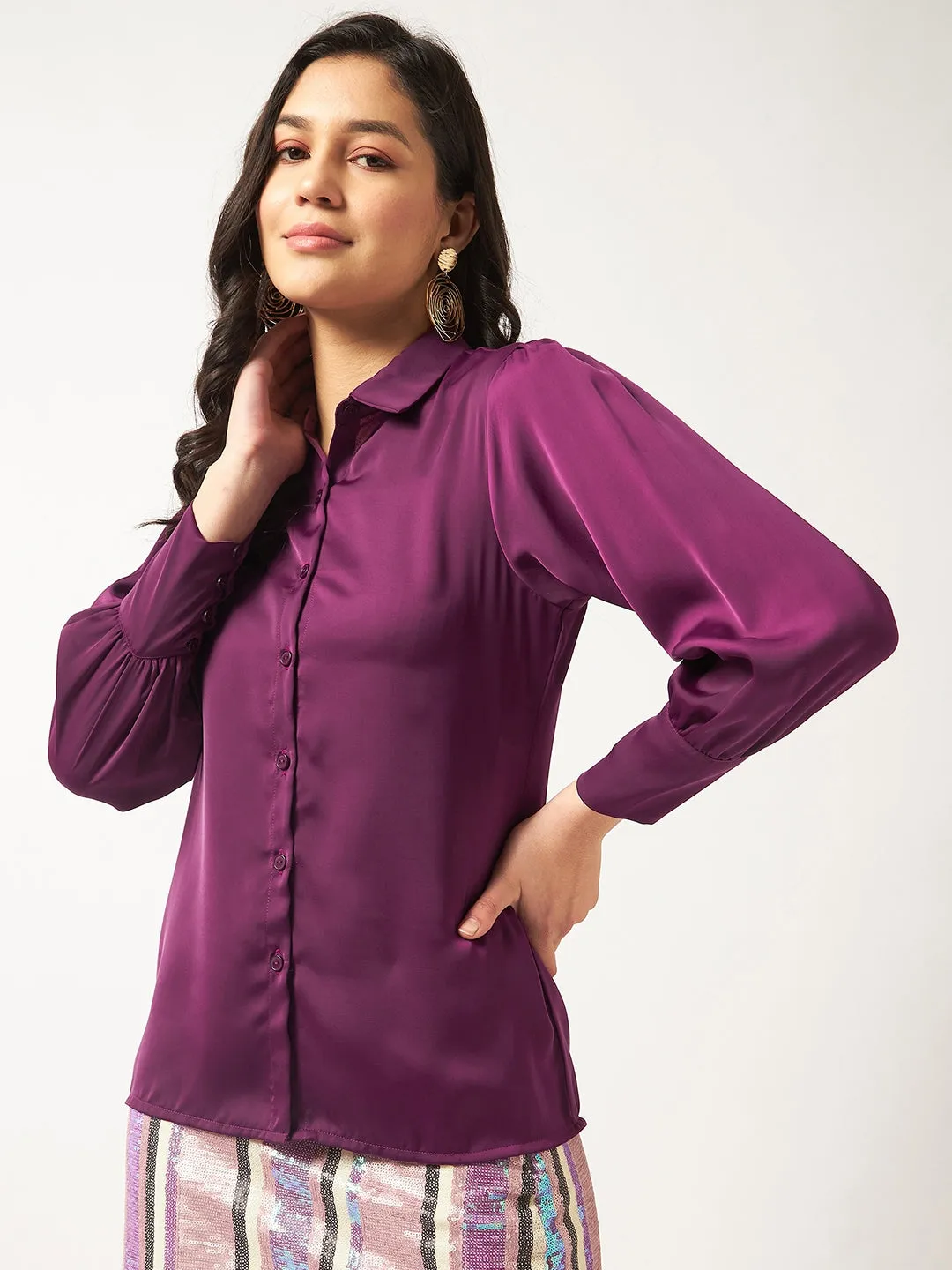 Women's Satin Elegant Puff Sleeves Shirt Top