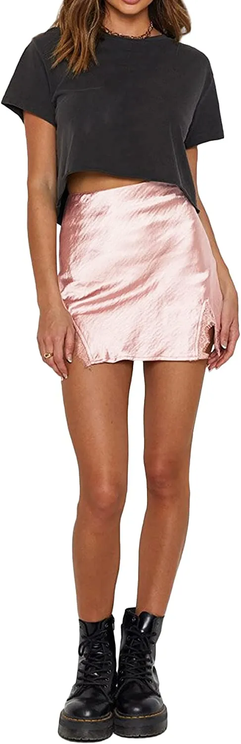 Women's Satin Lace Trim Split Slit Hem Zipper High Wasit Mini Short Skirt