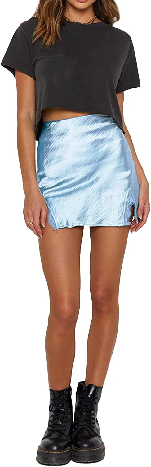 Women's Satin Lace Trim Split Slit Hem Zipper High Wasit Mini Short Skirt