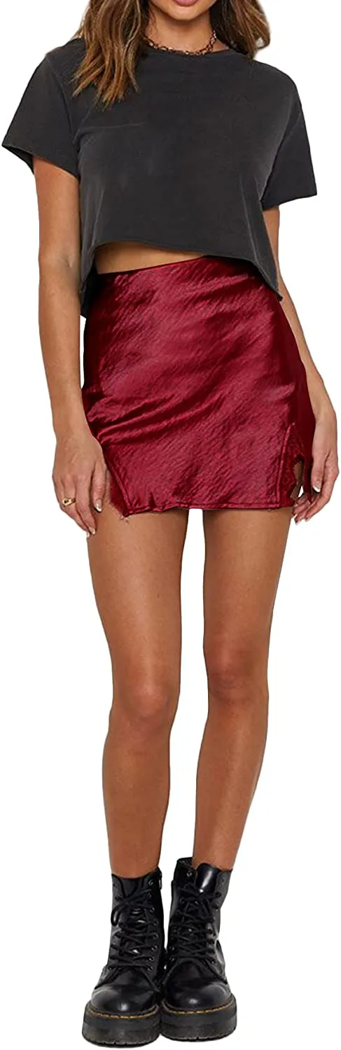 Women's Satin Lace Trim Split Slit Hem Zipper High Wasit Mini Short Skirt