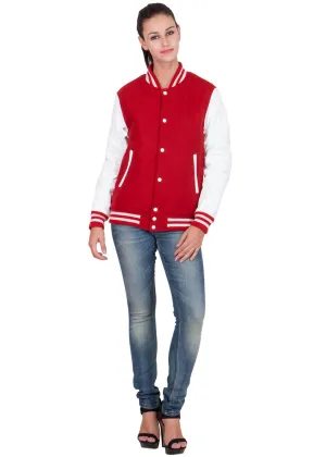 Womens Scarlet Red Varsity Jacket with White Leather Sleeves