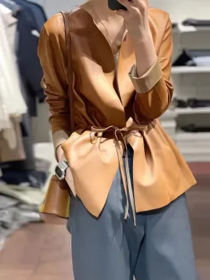 Women’s Sepia Brown Genuine Sheepskin Round Neck Casual European Streetwear Top Fashion Pleated Simple Classic Leather Coat