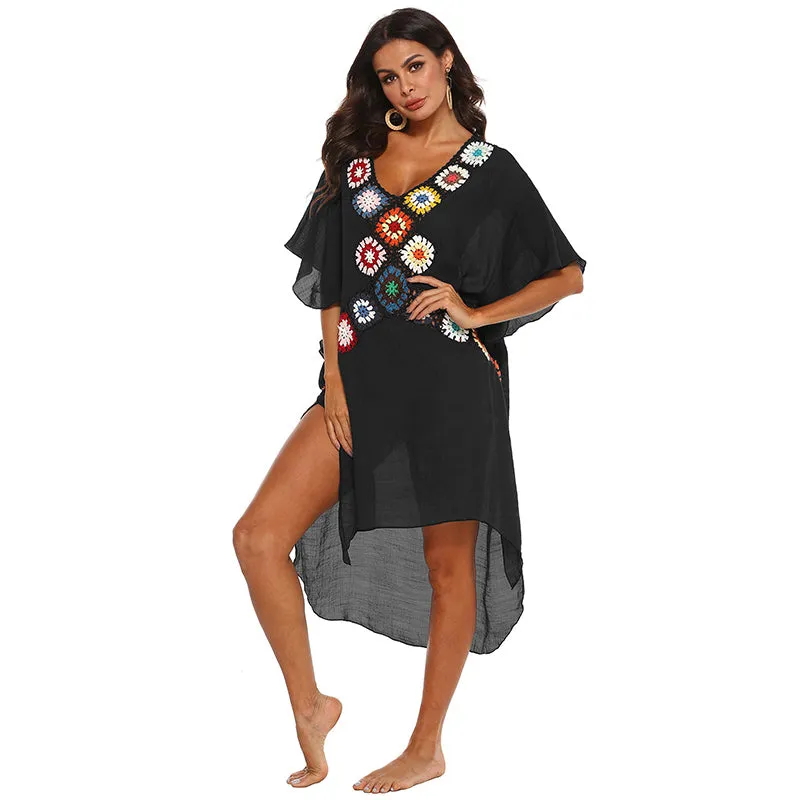 Women's Sexy Deep V Hand Crochet Stitching Slit Bikini Cover Up