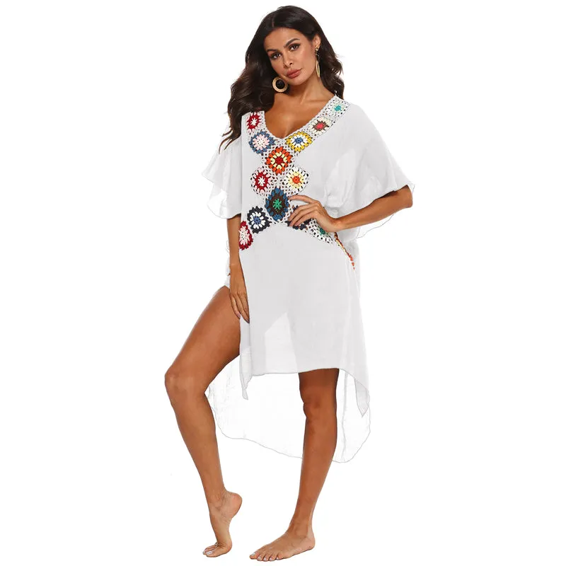 Women's Sexy Deep V Hand Crochet Stitching Slit Bikini Cover Up