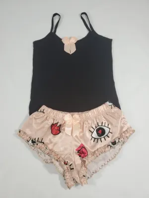 Women's Sexy pajama beige satin shorts lips and eyes theme black blouse