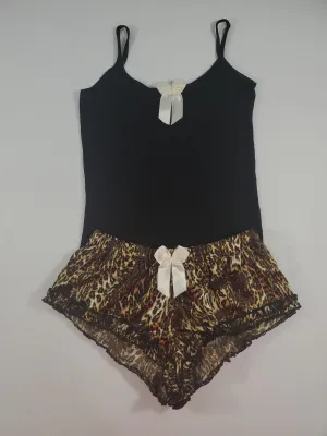 Women's Sexy pajama black satin shorts leopard theme black blouse