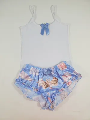 Women's Sexy pajama blue satin shorts cookies and milk theme white blouse