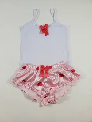 Women's Sexy pajama pink satin shorts with red hearts white blouse