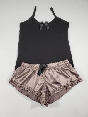 Women's Sexy satin pajama set light brown shorts black blouse