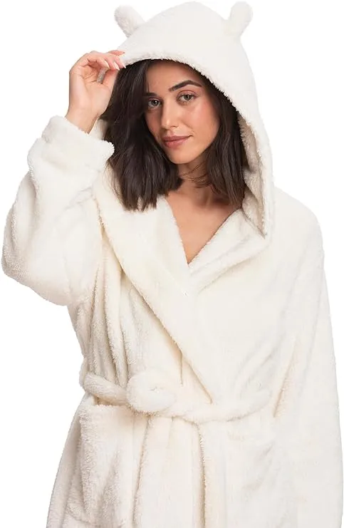 Women's Sherpa Hooded Robe in Off White - Experience Ultimate Plush Comfort Every Time