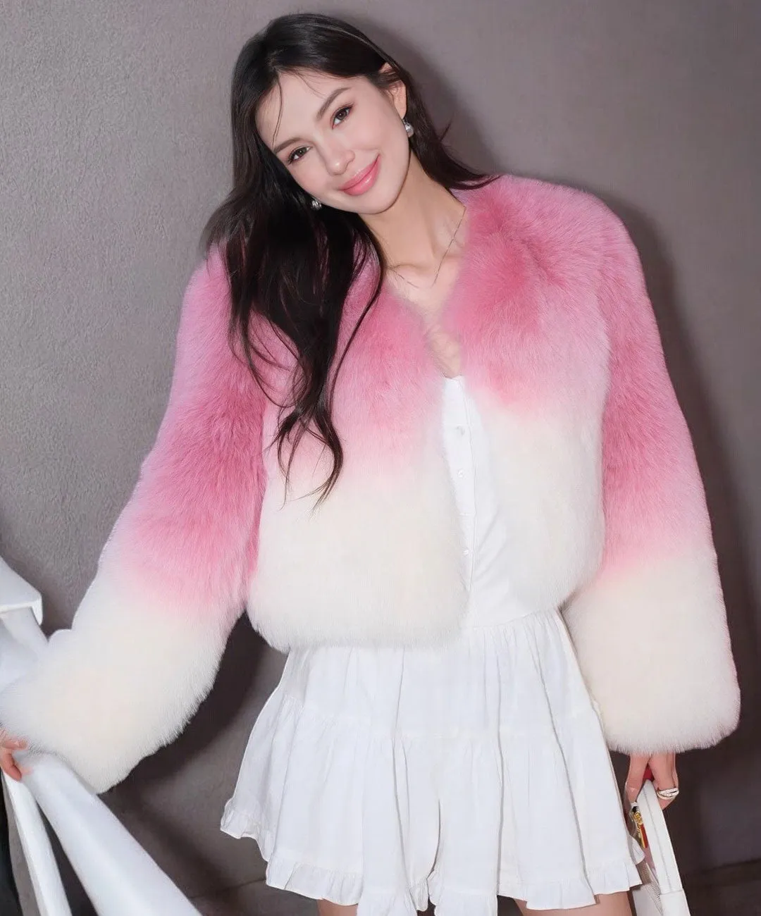 Women's Short Pink & White Gradient Fox Fur Jacket