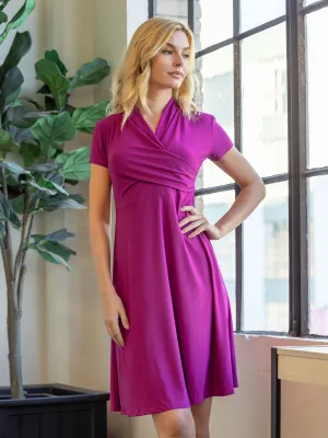 Womens Short Sleeve Knee Length V Neck Rouched Wrap Dress