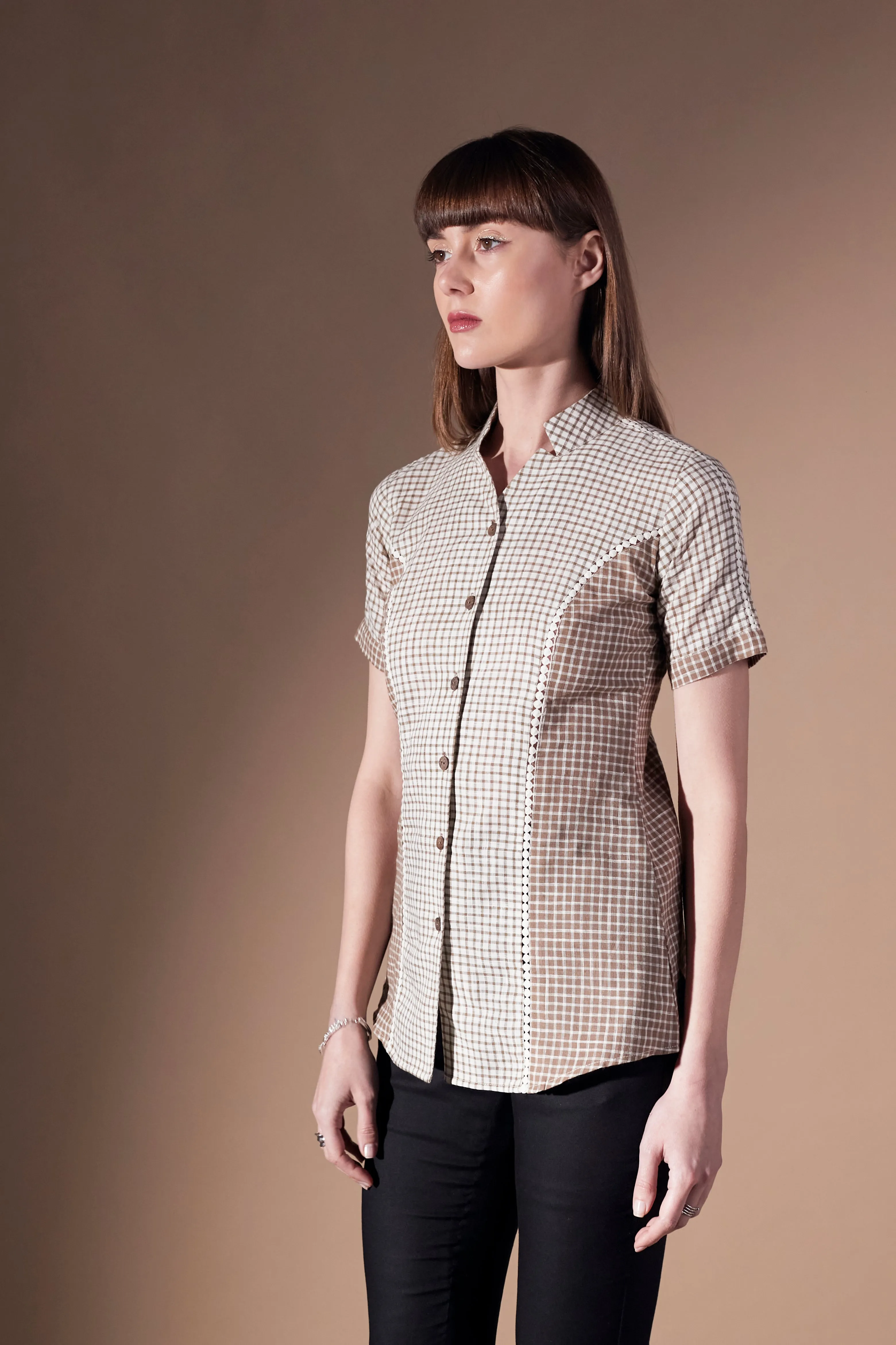 Women's Short sleeves Cotton Checks Shirt