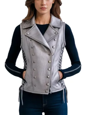 Women's Silver Leather Vest With Lace-Up Sides