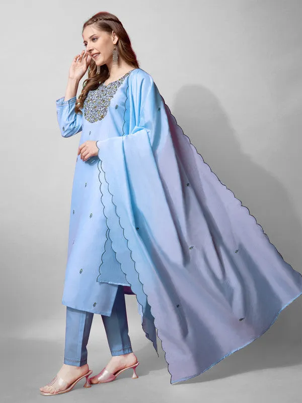 Womens Sky Blue Embroidered Cotton Blend Kurta Pant Set With Dupatta