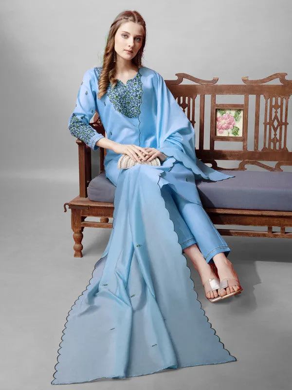 Womens Sky Blue Embroidered Cotton Blend Kurta Pant Set With Dupatta