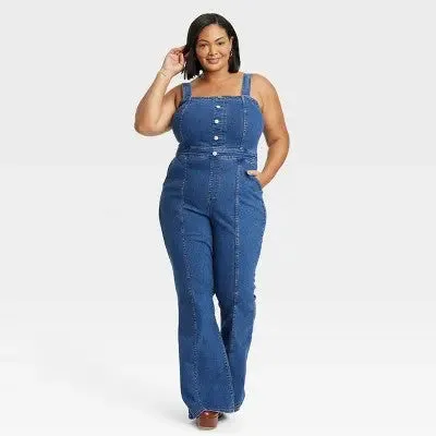 Women's Sleeveless Flare Leg Denim Jumpsuit - Ava & Viv Indigo 26