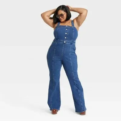 Women's Sleeveless Flare Leg Denim Jumpsuit - Ava & Viv Indigo 26