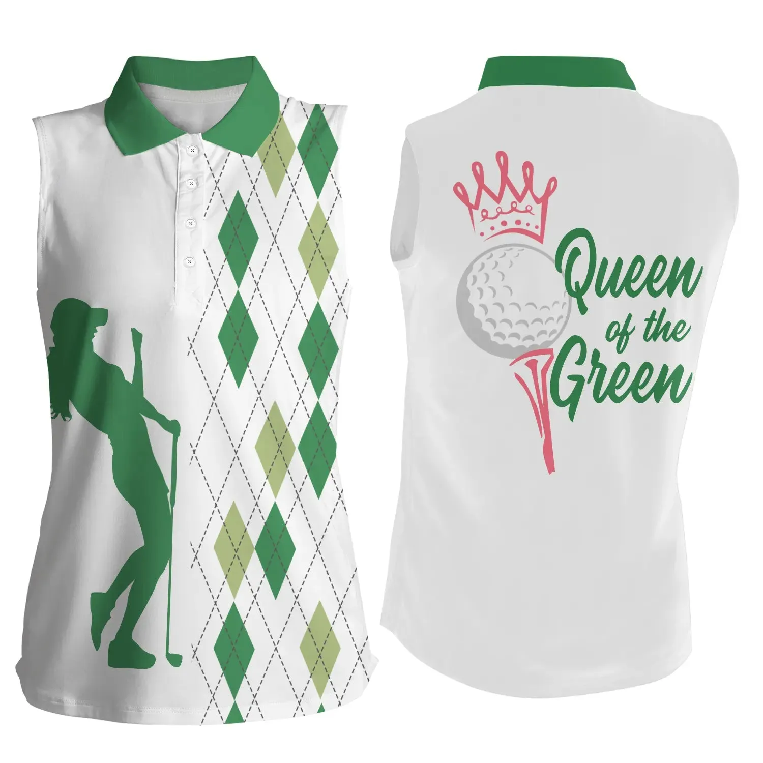 Women's sleeveless golf polo shirt, Queen of the green custom funny white and green leopard golf shirt