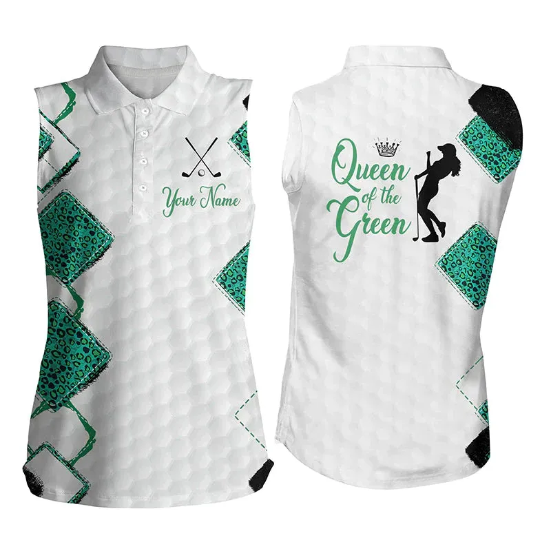 Women's sleeveless golf polo shirt, Queen of the green custom funny white and green leopard golf shirt