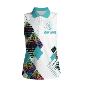 Women's sleeveless golf polo white shirt, colorful leopard pattern custom name golf gift for women