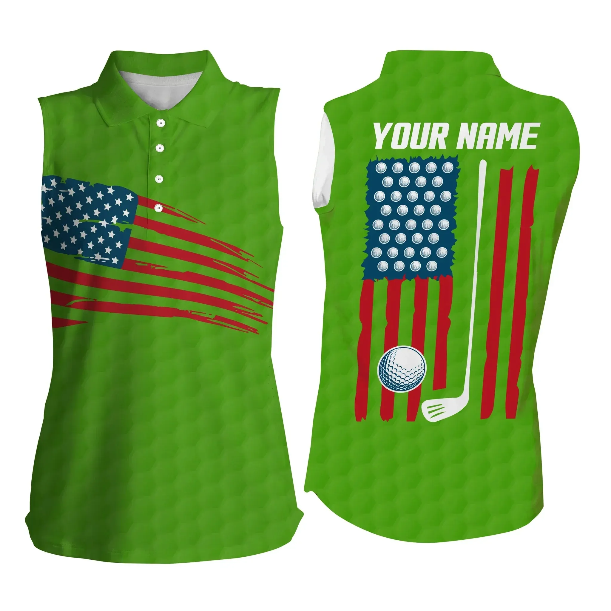 Womens Sleeveless polo shirt, American flag patriotic golf shirts, custom name golf gifts