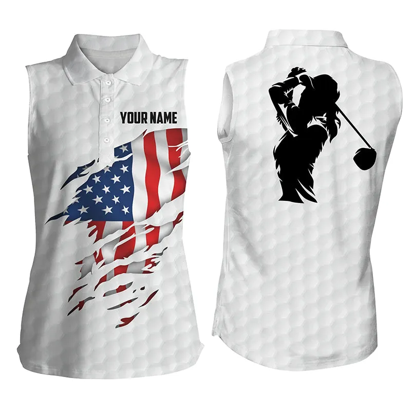 Womens sleeveless polo shirt, American flag patriotic golf shirts, custom sleeveless golf tops for women