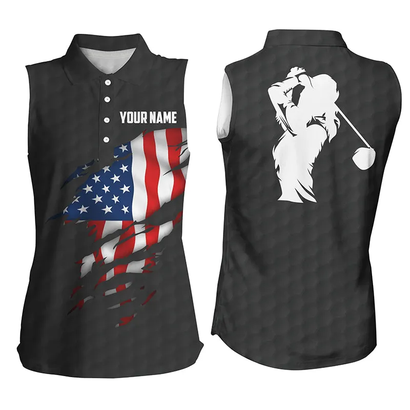 Womens sleeveless polo shirt, American flag patriotic golf shirts, custom sleeveless golf tops for women