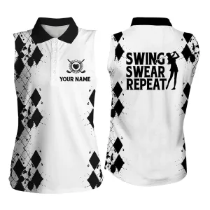 Womens sleeveless polo shirt, custom name swing swear repeat white golf shirt, golfing gifts