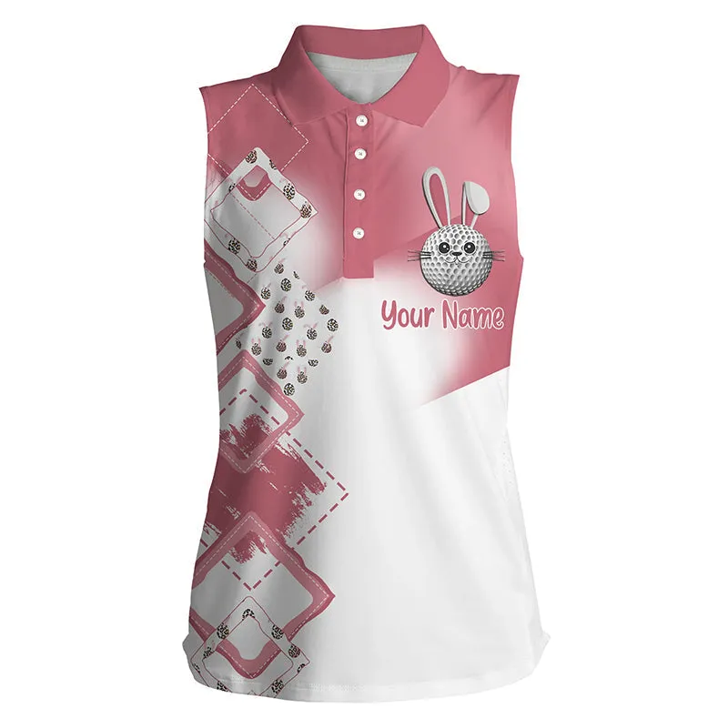 Womens sleeveless polo shirt custom pink Easter eggs bunny golf shirts, Easter golf tank top womens