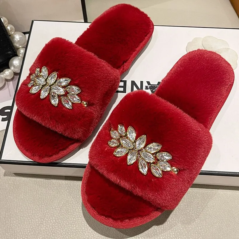 Women's Slippers with Crystal Flower Design