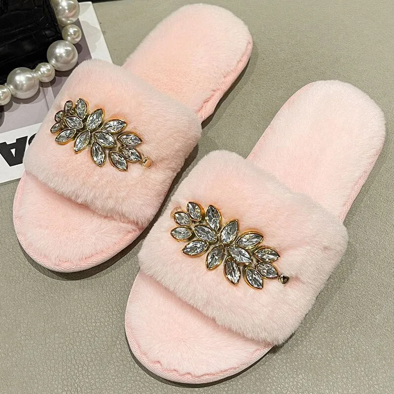 Women's Slippers with Crystal Flower Design