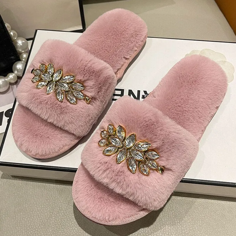 Women's Slippers with Crystal Flower Design