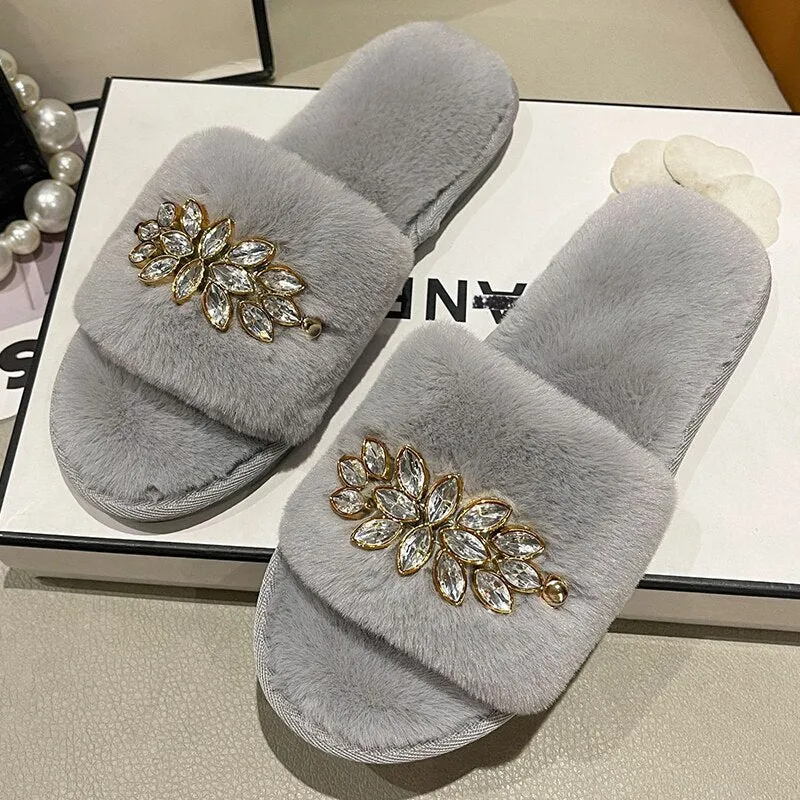 Women's Slippers with Crystal Flower Design