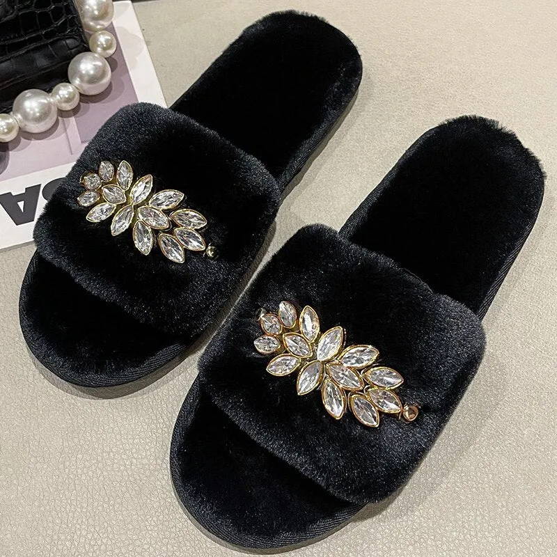 Women's Slippers with Crystal Flower Design