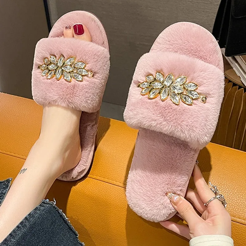 Women's Slippers with Crystal Flower Design