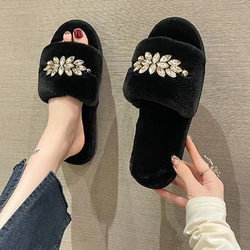 Women's Slippers with Crystal Flower Design