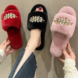 Women's Slippers with Crystal Flower Design