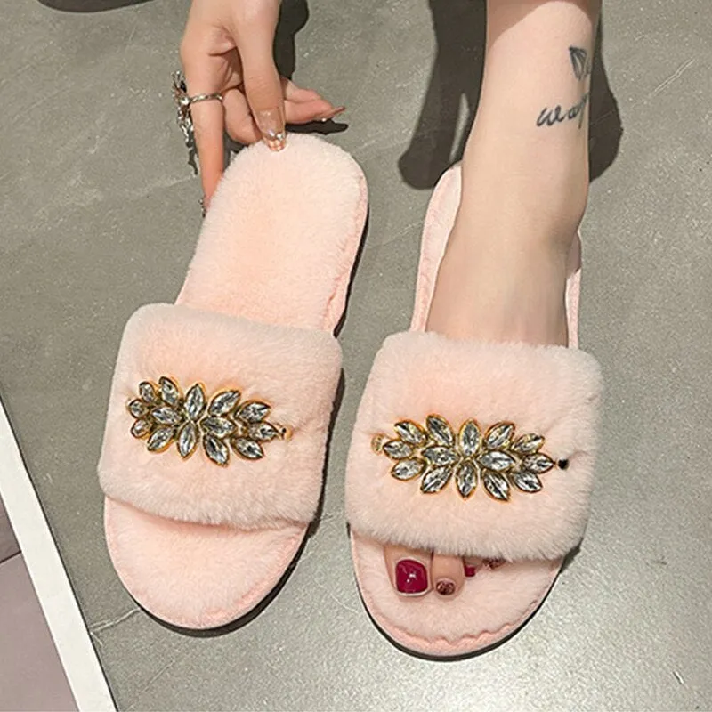 Women's Slippers with Crystal Flower Design