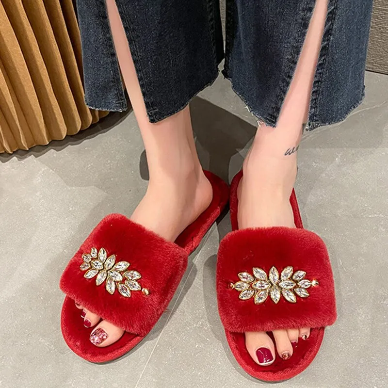 Women's Slippers with Crystal Flower Design