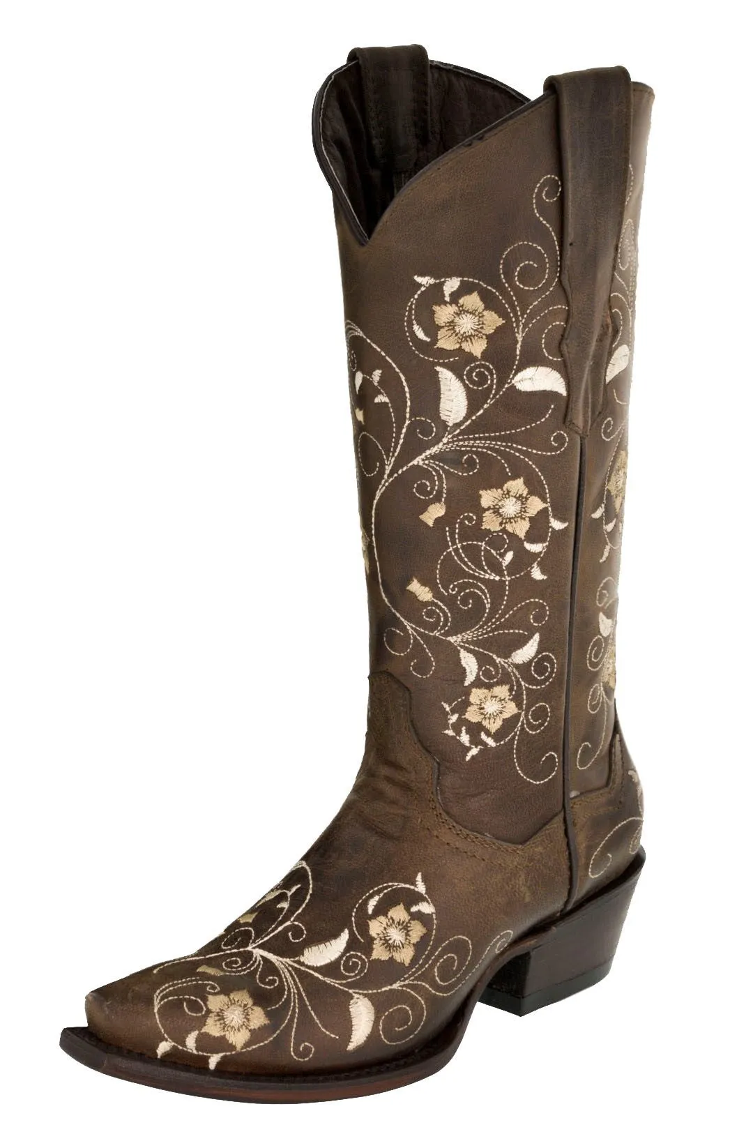 Womens Sofia Brown Leather Cowboy Boots Floral - Snip Toe