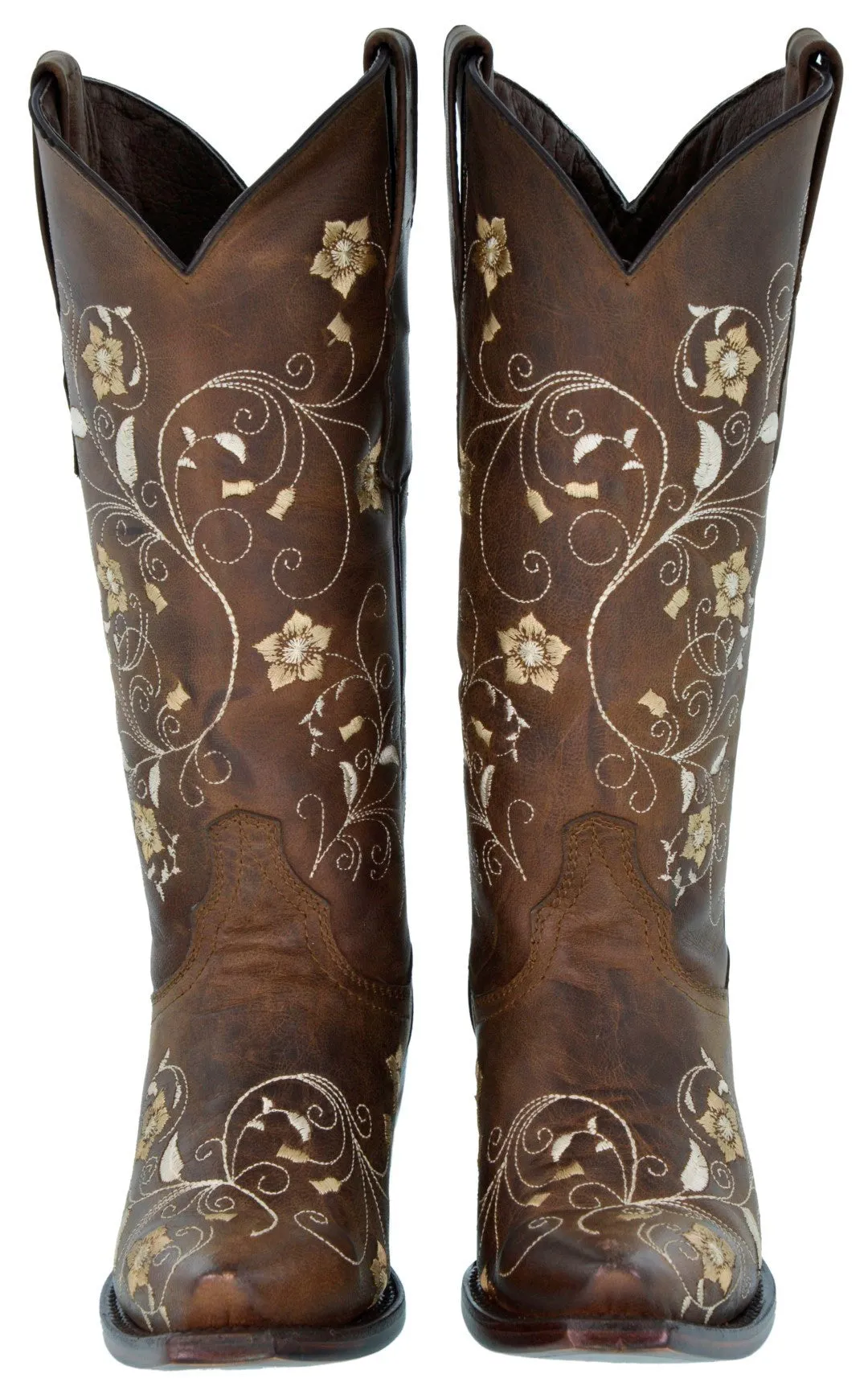 Womens Sofia Brown Leather Cowboy Boots Floral - Snip Toe