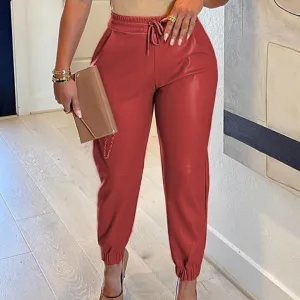 Women's Solid Color Drawstring Pocket PU Leather Trousers