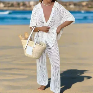 Women's Solid Color Hollow Knitted Beach Swimwear Cover-up Outfit Set