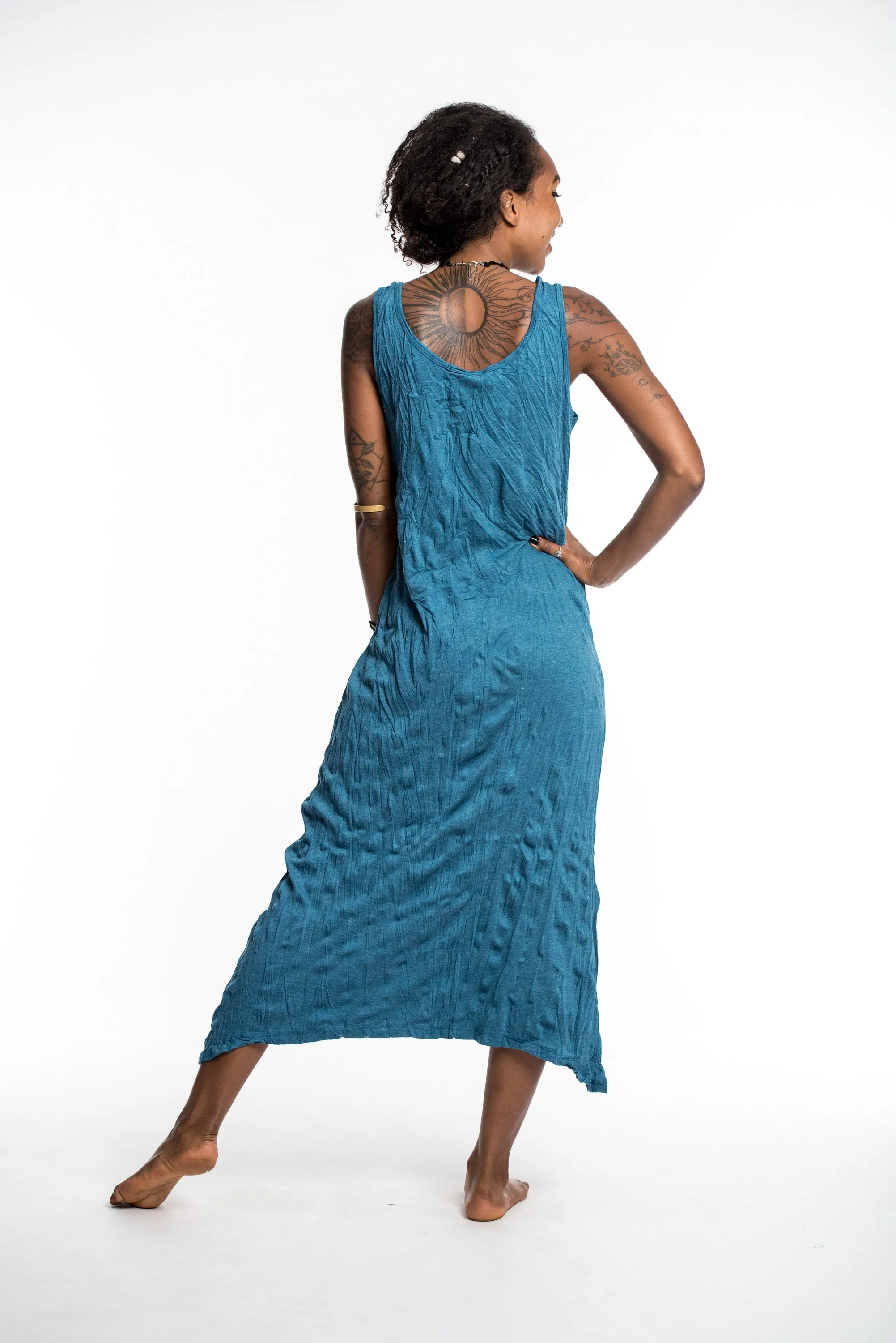 Womens Solid Color Long Tank Dress in Denim Blue