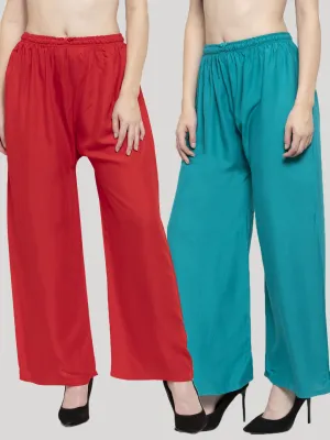 Women'S Solid Red & Turquoise Rayon Palazzo (Pack Of 2)