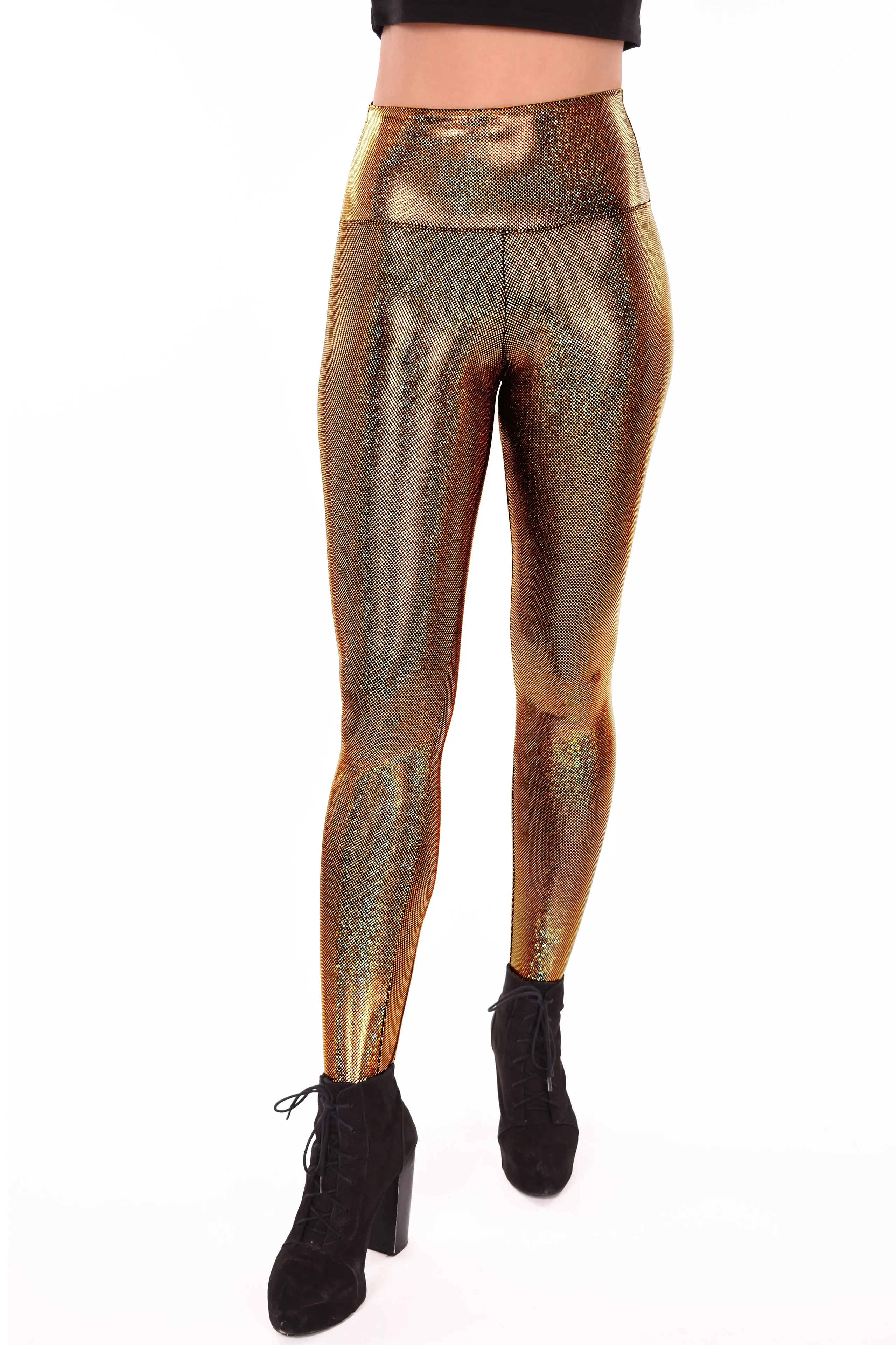 Women's Sparkle Gold Holographic Iridescent Leggings - Disco Dames - Disco Ball