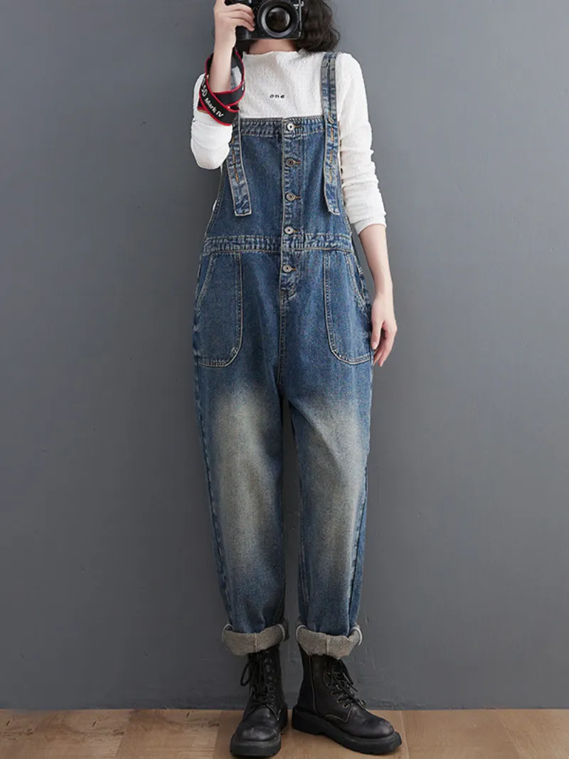 Women's Spring Stylish Large Size Loose Denim Overalls